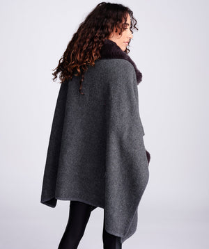 Women`s Faux Fur Trimmed Cape - Charcoal - Apparel, Austin, Faux Fur, Grey, Outerwear, Wrap