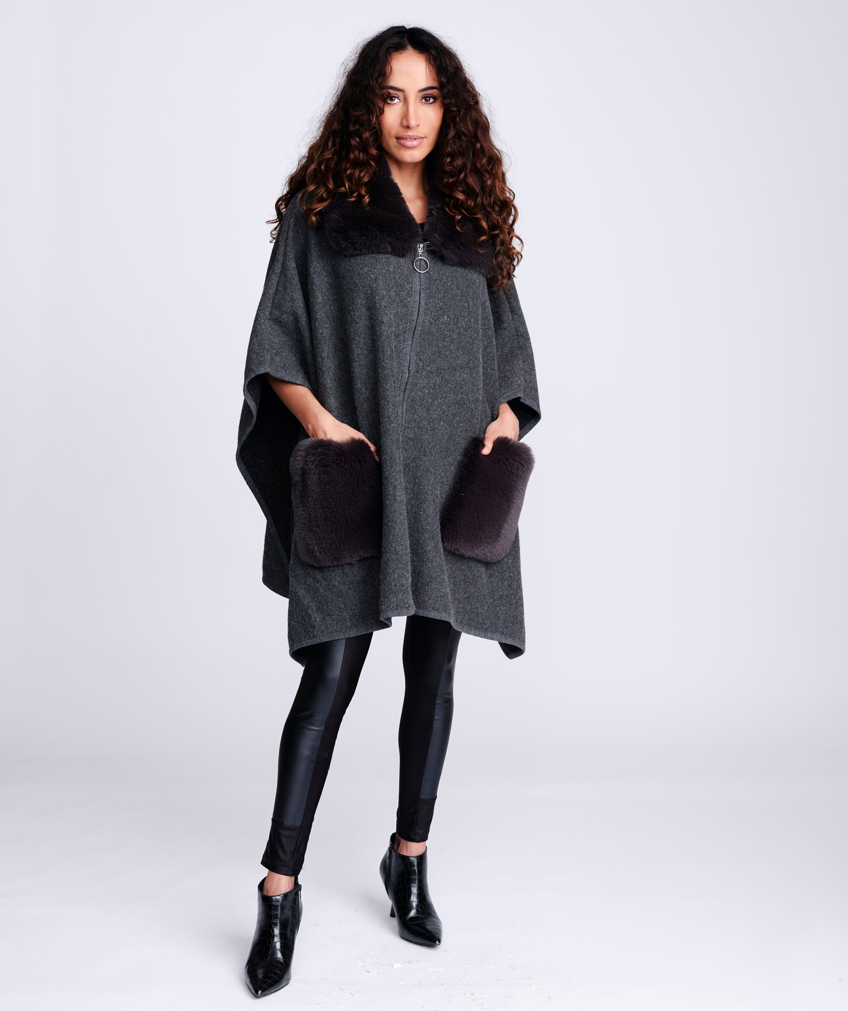 Women`s Faux Fur Trimmed Cape - Charcoal - Apparel, Austin, Faux Fur, Grey, Outerwear, Wrap