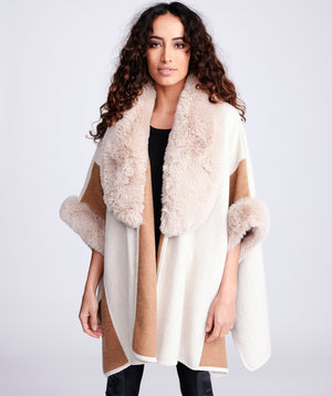 Women`s Luxury Faux Fur Trim Cape - Cream - Almond, Apparel, Autumn, Faux Fur, Outerwear, Wrap