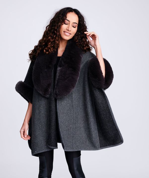 Women`s Luxury Faux Fur Trim Cape - Charcoal - Apparel, Autumn, Faux Fur, Grey, Outerwear, Wrap