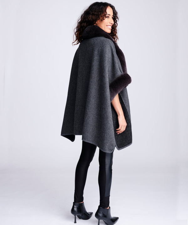 Charcoal Black Luxury Faux Fur Trim Cape