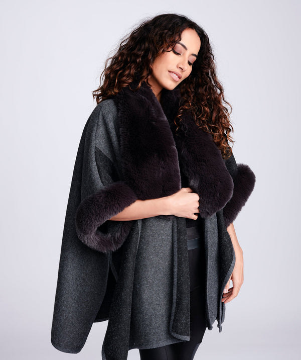 Charcoal Black Luxury Faux Fur Trim Cape