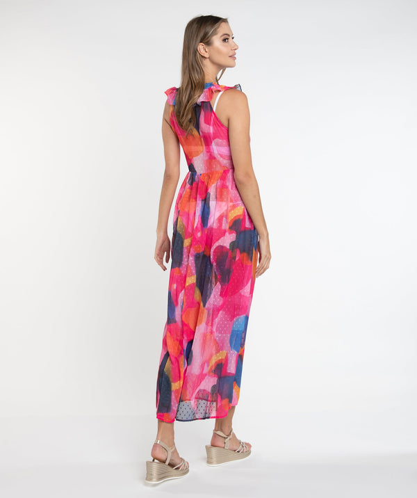 Fuchsia Maxi Dress with Tropical Abstract Print and Ruffle Detail