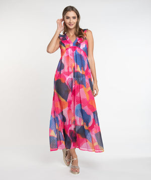Fuchsia Maxi Dress with Tropical Abstract Print and Ruffle Detail