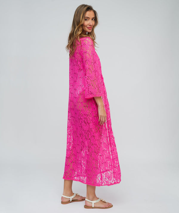 Fuchsia Sequin Lace Kimono with Tie Belt