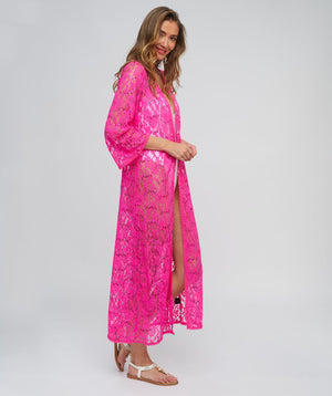 Fuchsia Sequin Lace Kimono with Tie Belt