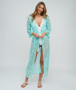 Turquoise Sequin Lace Kimono with Tie Belt