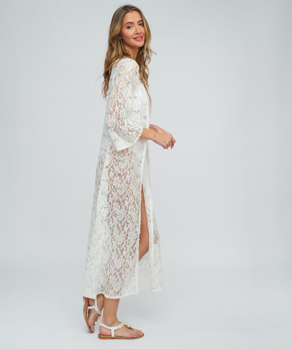 White Sequin Lace Kimono with Tie Belt