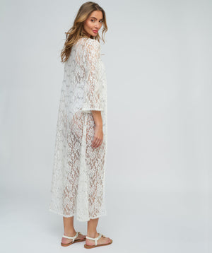 White Sequin Lace Kimono with Tie Belt