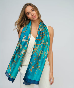 Teal Floral Print Oblong Scarf in Silky Lightweight Fabric