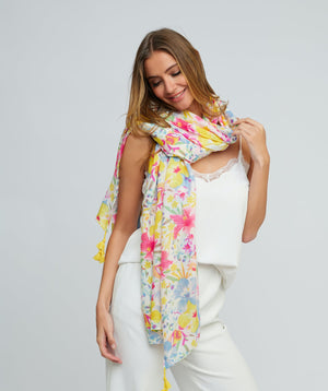 Multicoloured Floral Print Scarf with Tassel Embellished Edging