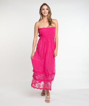 Pink Lace Trim Maxi Dress with Slip On Design