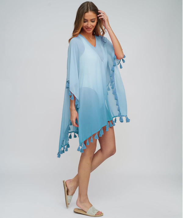 Turquoise Sheer OmbrÃ© Cover-Up with Tassel Trim
