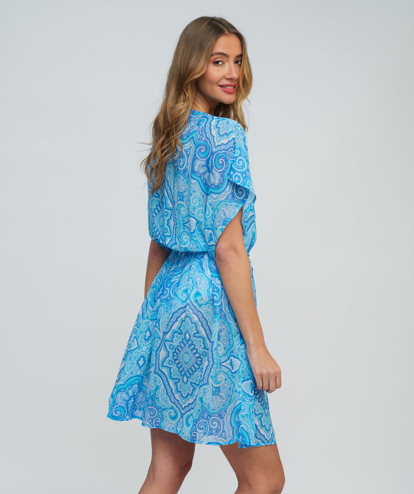 Blue Paisley Printed Chiffon Beach Dress with Deep-V Neckline
