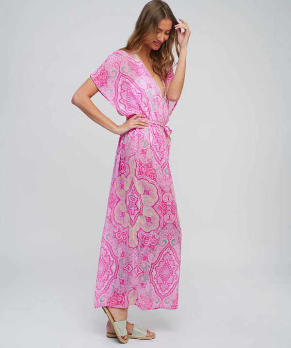 Pink Paisly Printed Chiffon Maxi Dress with Deep V Neckline