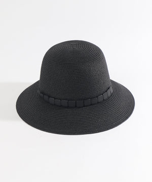 Black Paper Straw Bucket Hat with Beaded Belt Trim