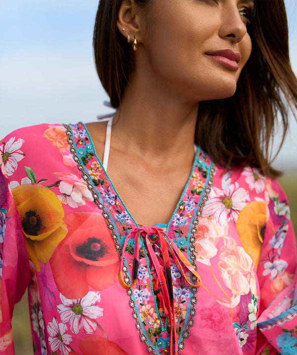Pink Floral Print Cover Up with Beaded Embellishment