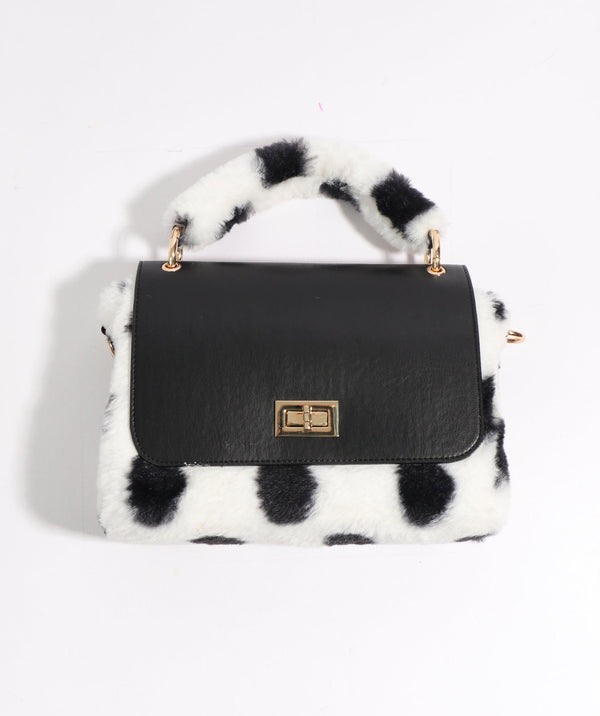 Spotty Faux Fur Handbag - Black-White