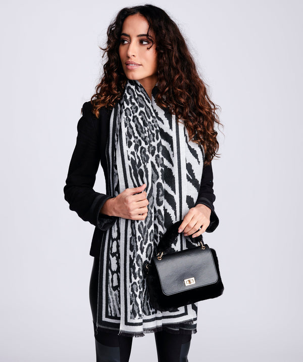 Classic Animal Print Scarf - Black-Silver - Accessories, Black/Grey, Denzel, Scarf, Winter Accessories