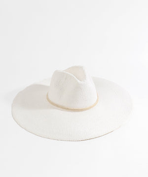 White Straw Fedora Hat with Wide Brim and Rope Trim