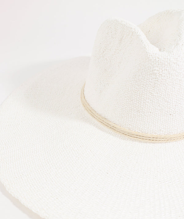 White Straw Fedora Hat with Wide Brim and Rope Trim