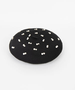 Pearl Embellished Beret - Black - Accessories, Black, Dina, Hat, Winter Accessories