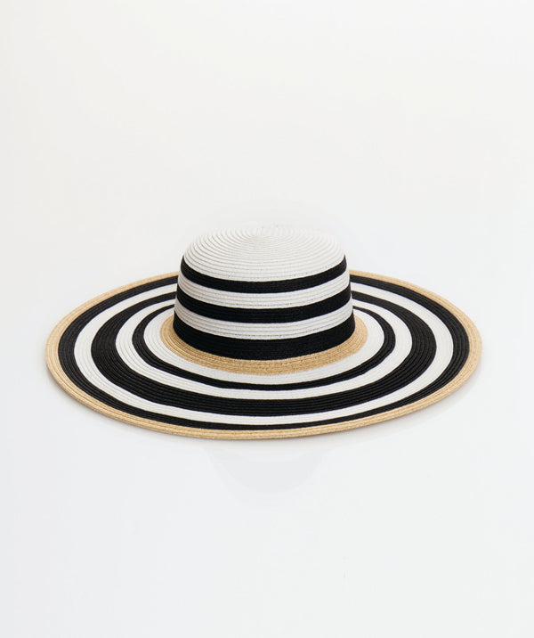 Black/Natural Wide Brim Striped Sun Hat with Adjustable Headband