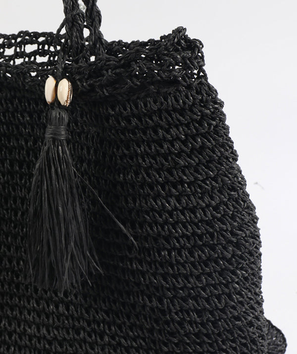 Black Woven Straw Bag with Button Snap Closure and Interior Pockets