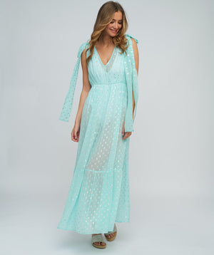 Turquoise Maxi Dress with Metallic Spot Print and Tie Sleeves