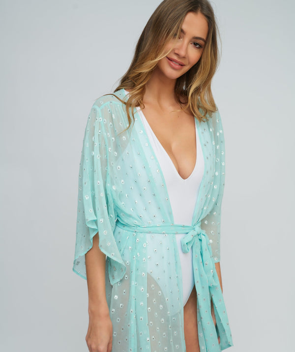 Pale Turquoise Embellished Kimono in a Silver Spot Print