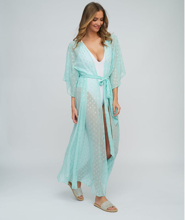 Pale Turquoise Embellished Kimono in a Silver Spot Print