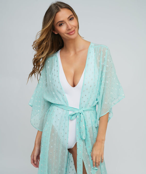 Turquoise Embellished Kimono with Silver Tone Spot Print