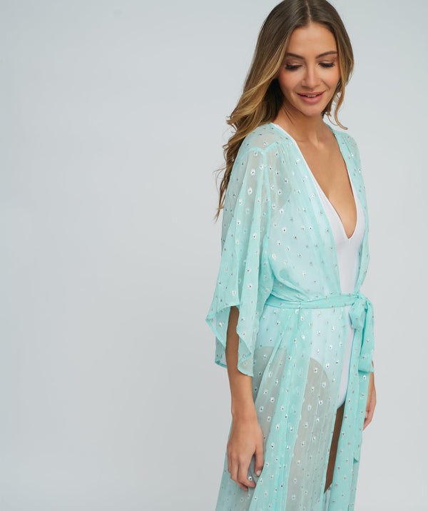 Pale Turquoise Embellished Kimono in a Silver Spot Print