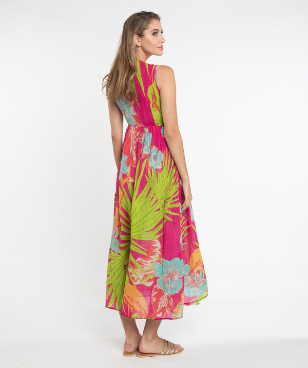 Fuchsia Tropical Toucan Print Maxi Dress with Adjustable Straps