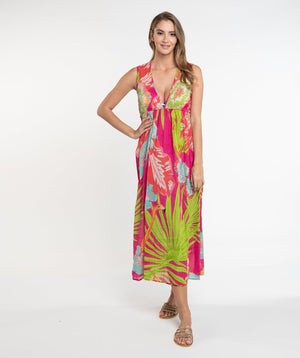 Fuchsia Tropical Toucan Print Maxi Dress with Adjustable Straps