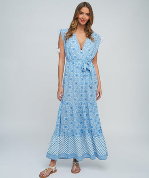 Blue and White Floral Print Maxi Dress with Tasselled Ties