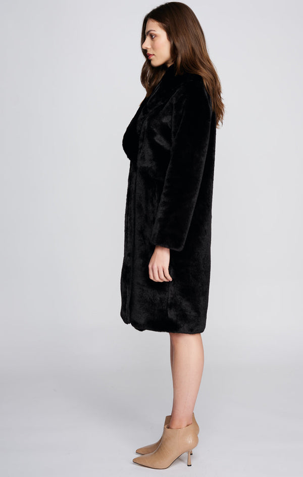 Women`s Midi Faux Fur Coat - Black - Apparel, Black, Coat, Faux Fur, Hepburn, Outerwear, Winter