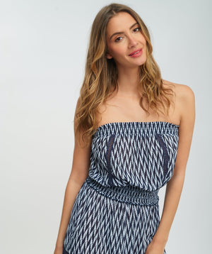 Navy and White Nautical Print Maxi Dress with Perforated Lace Details