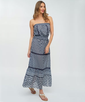 Navy and White Nautical Print Maxi Dress with Perforated Lace Details