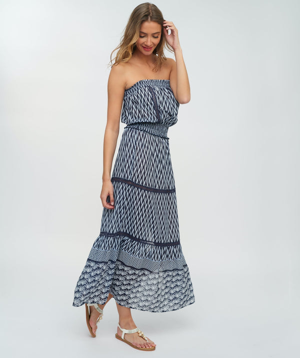 Navy and White Nautical Print Maxi Dress with Perforated Lace Details