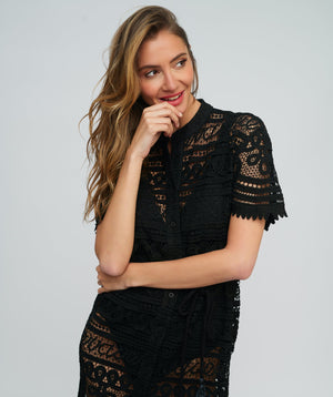 Black Lace Beach Dress with Button Closures and Rope Waist Tie
