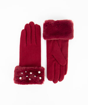 Pearl Studded Faux Fur Cuff Glove - Burgundy - Accessories, Berry, Faux Fur, Glove, Jasmin, Winter Accessories
