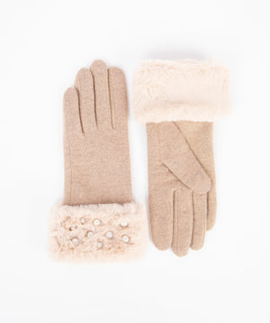 Pearl Studded Faux Fur Cuff Gloves - Honey - Accessories, Faux Fur, Glove, Honey, Jasmin, Winter Accessories