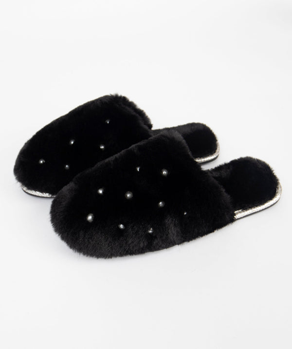 Faux Fur Slippers - Black