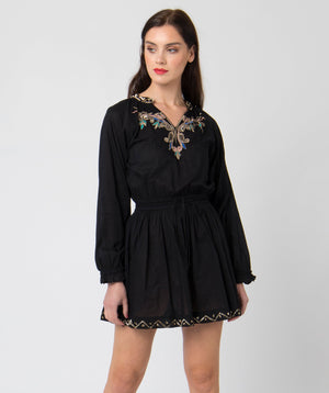 Black Cotton Summer Dress with Jewelled Embellishments