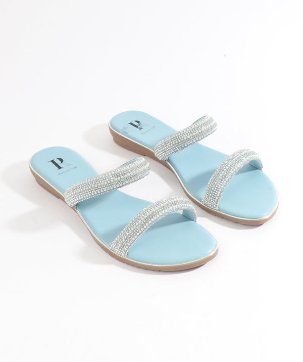 Blue Embellished Wedged Mule Sandal with Open Toe