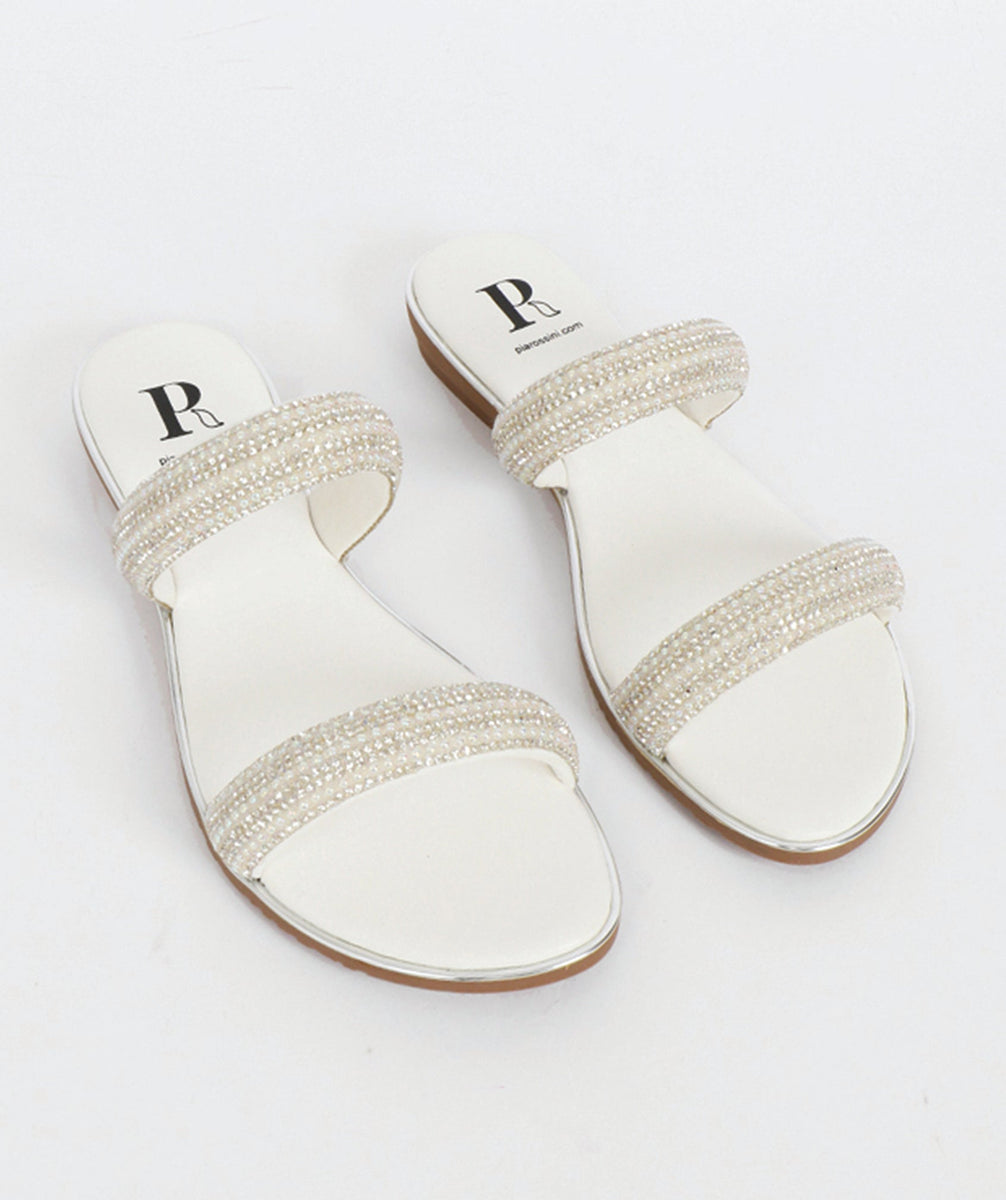 Silver Embellished Slip-On Sandals with Wedged Heel