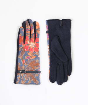 Women`s Floral Print Gloves - Navy - Accessories, Glove, Kamila, Navy, Winter Accessories