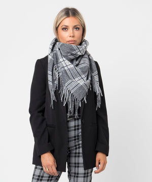 Checked Fringed Square Scarf - Silver Grey - Accessories, Grey, Kandi, Scarf, Winter Accessories