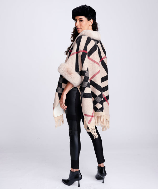 Camel Black Checked Wrap with Faux Fur Trim